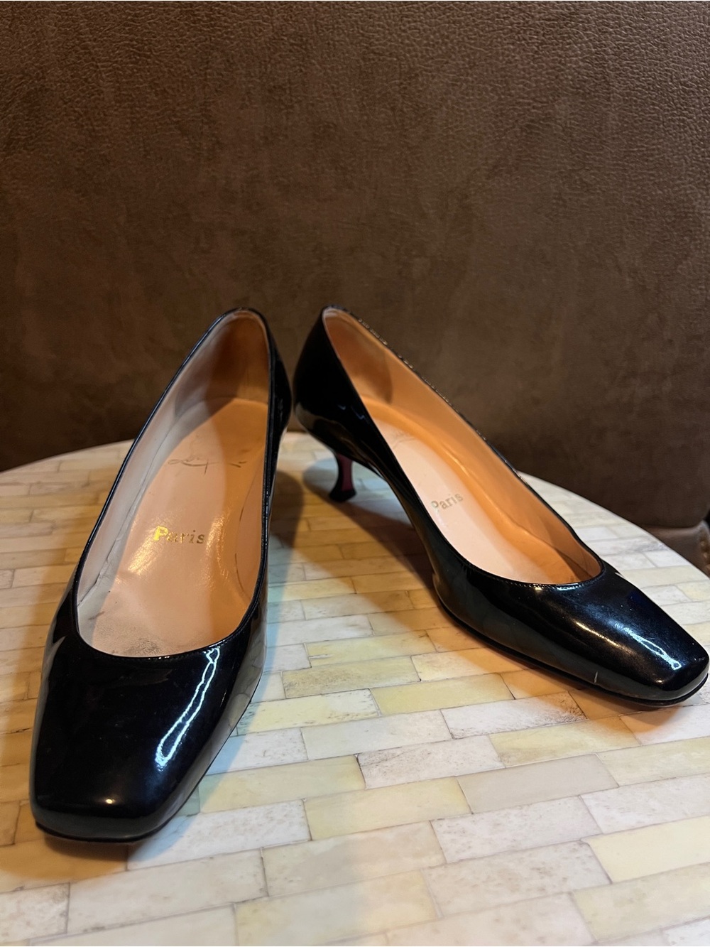 Christian Louboutin Black Patent Leather Mid Heel Pumps